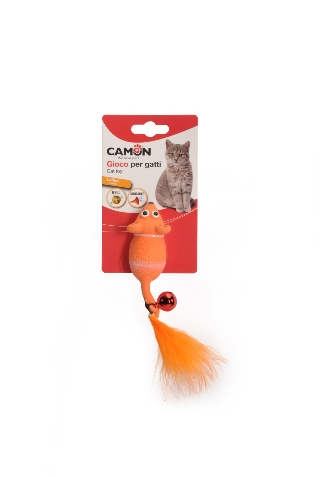 Latexa pelīte ar spalvu un grabuli,oranža, 11cm, AG0367