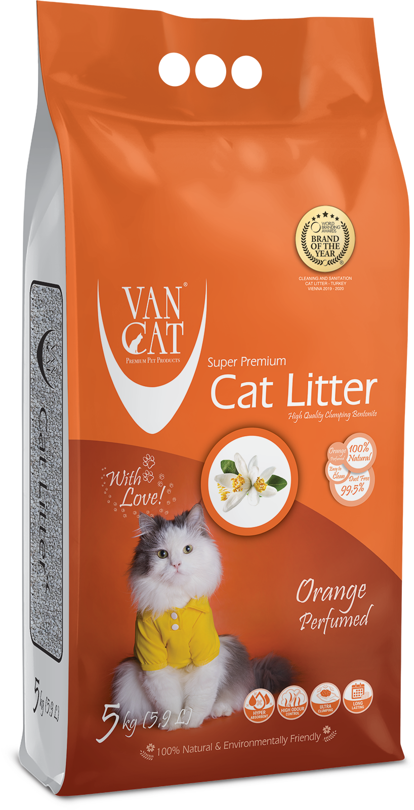 VAN CAT Orange - cementējošas smiltis kaķu tualetei 5kg ar apelsīnu aromātu