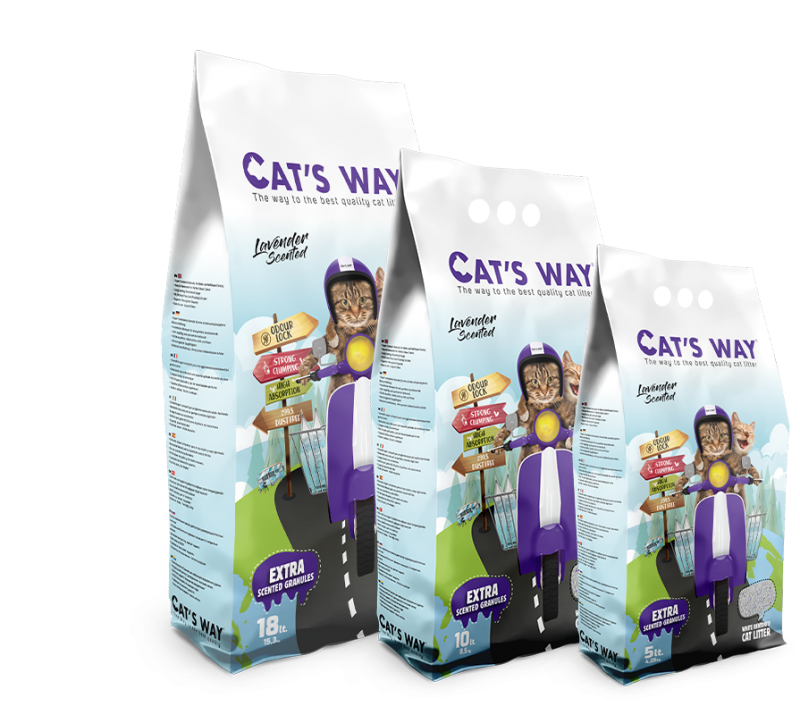 Cats way White Cat Litter, Lavender 10l (8.5kg) - cementējošās smiltis ar maigu lavandas smaržu
