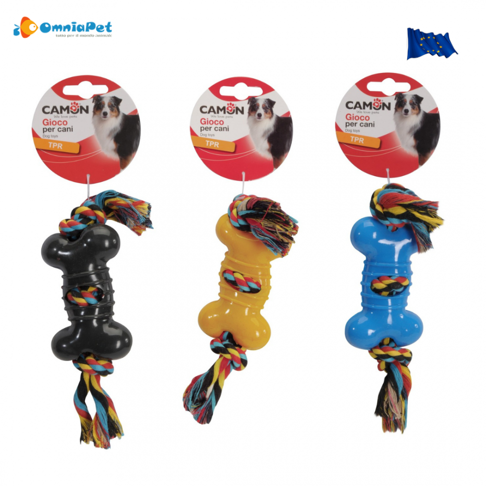 Suņu rotaļlieta- TPR kaula formā ar pītu virvi.