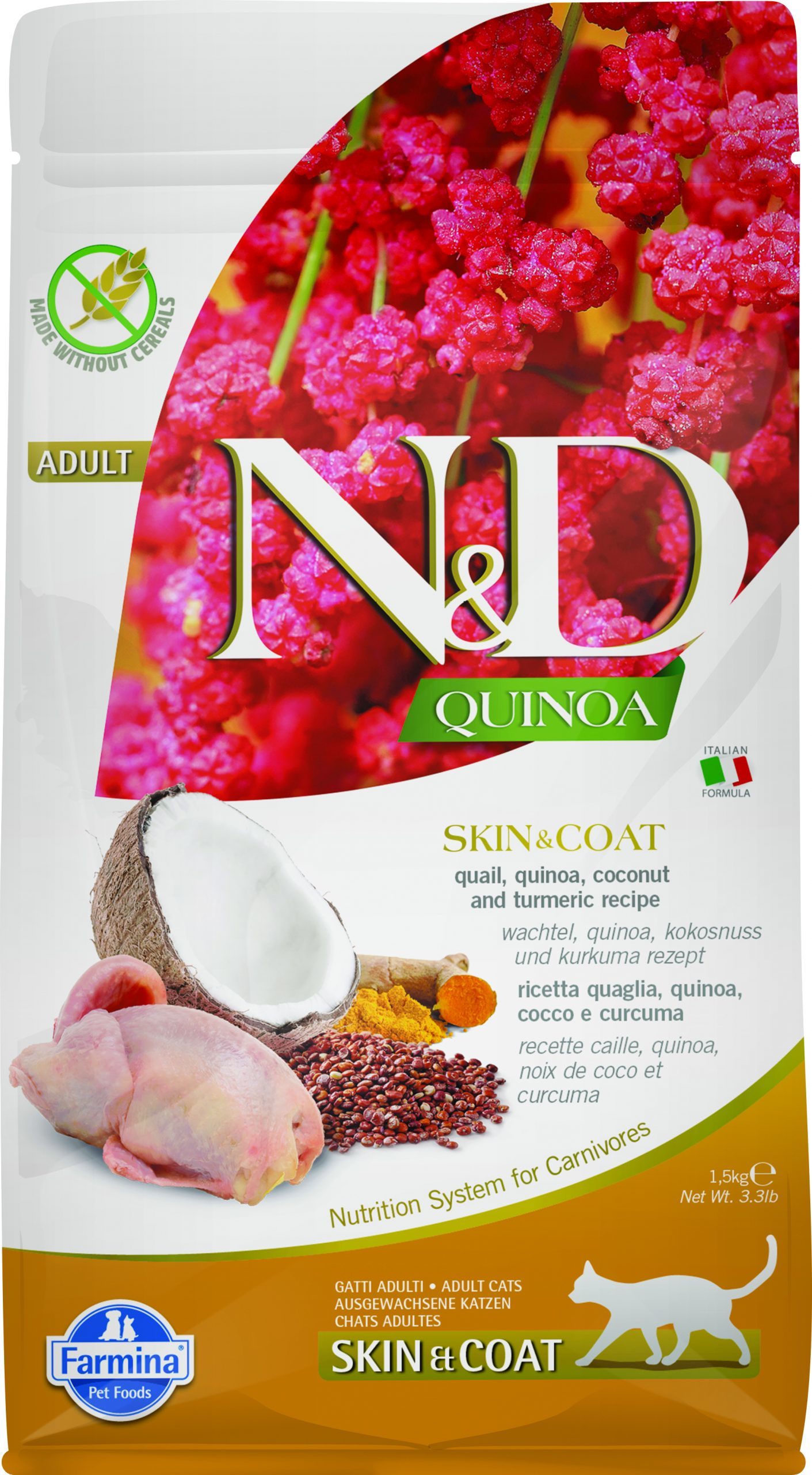 N&D cat sausā barība bezgraudu ar paipalu, kvinoju, kokosriekstiem un kurkumu, Skin&coat 5kg