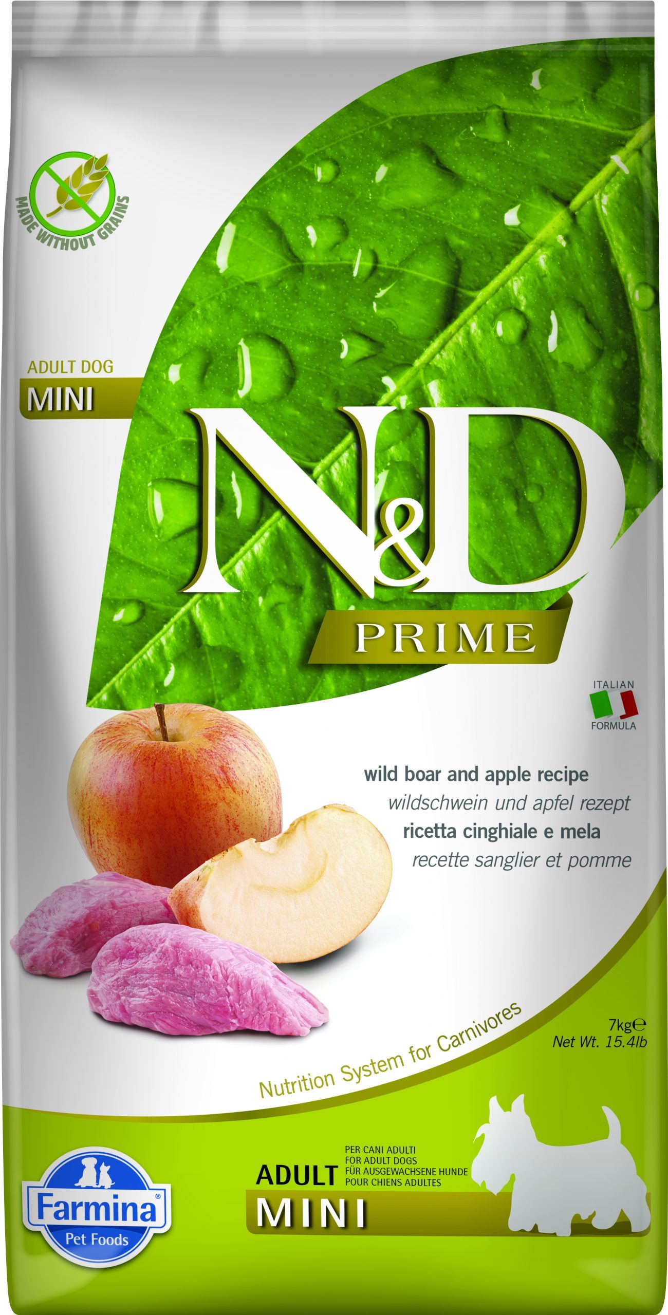 N&D dog bezgraudu sausā barība ar mežacūku un āboliem, pieaugušiem mazo šķirņu suņiem 7kg